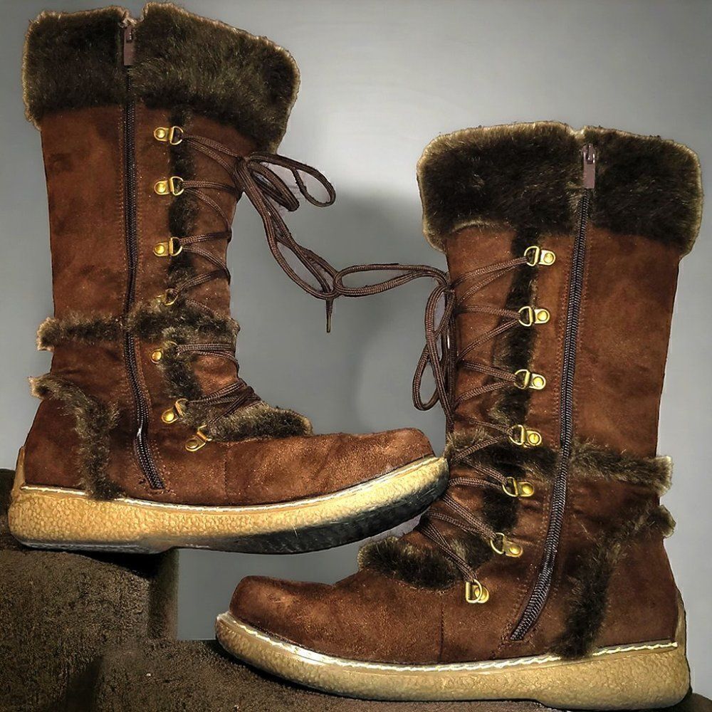Moccasin style brown velvet fur trim tall calf boots